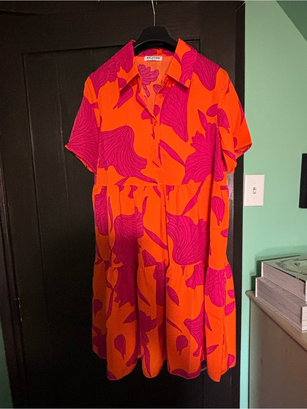 Bright Orange & Magenta Floral Short-Sleeve Shirt Dress